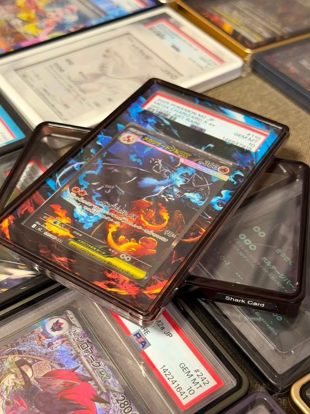 SHARK CARD 鑑定卡磚實拍，磚身印有 Shark Card 字樣，與 PSA 鑑定卡並列